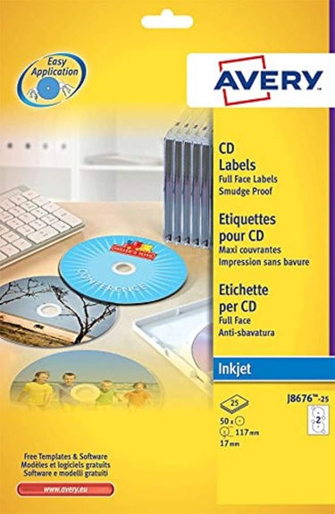 Avery España J8676-25 - Etiquetas adhesivas para CD, inkjet (50 etiquetas mate, 117 mm) Caja de 25 hj